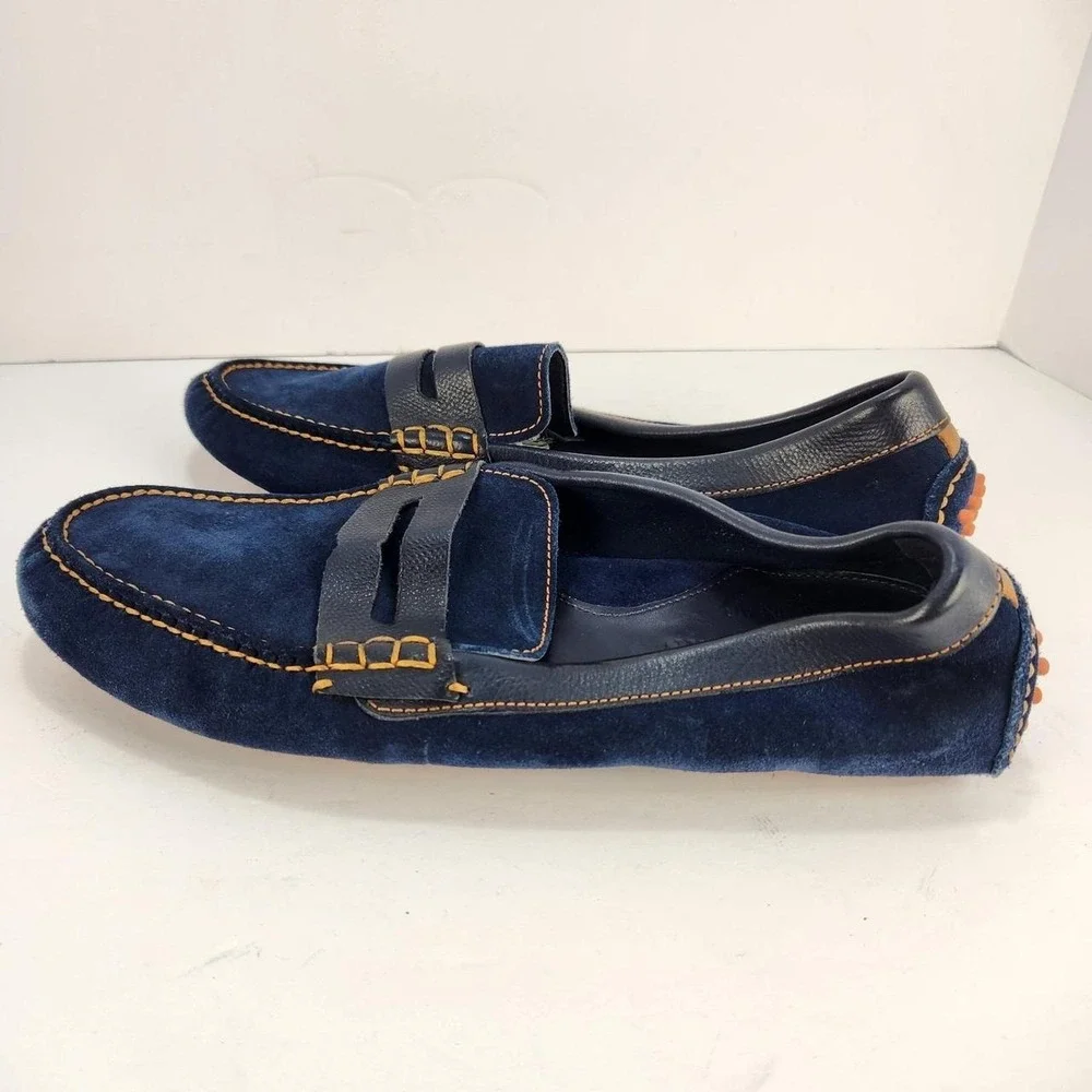 Cole Haan Men's 10M Navy Blue Suede Penny Loafers Moc Toe Contrast Stitch Slip O